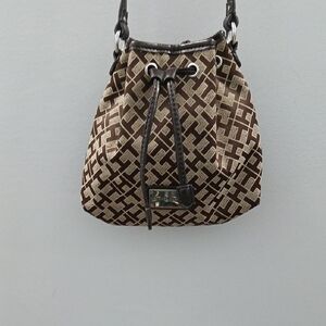 Tommy Hilfiger Cute Brown and Cream Signature TH Monogram Drawstring Crossbody